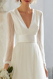 Elegant Ivory V-Neck A Line Maxi Wedding Dress with Sleeves