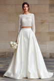 Ivory 2 Piece A Line Bateau Neck Wedding Dress with Lace