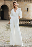 ZAPAKA Women Simple Ivory V-Neck Wedding Jumpsuit Flutter Sleeves Bridal Jumpsuit with Pocket