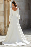 Simple Ivory Square Neck Sweep Train A Line Wedding Dress with Sleeves