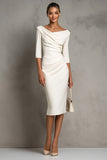 Ivory Sheath Ruched Midi Work Dress with Short Sleeve