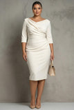 Ivory Sheath Ruched Midi Work Dress with Short Sleeve
