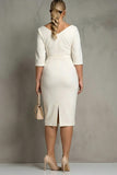 Ivory Sheath Ruched Midi Work Dress with Short Sleeve