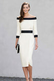 Black White Off the Shoulder Sheath Midi Work Dress