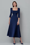 Square Neck Satin Navy A Line Midi Work Dress