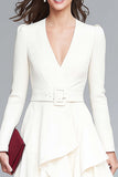 Ivory Ruffled A Line V Neck Midi Work Dress with Belt