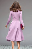 Lilac Round Neck A Line Midi Work Dress with Belt