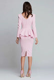 Pink Ruffled Sheath Square Neck Midi Work Dress