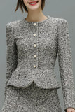 Grey 2 Piece Tweed Single Breasted Short Work Dress with Sleeves
