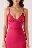 Fuchsia V Neck Sheath Backless Long Evening Dress
