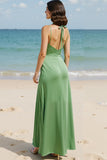 Light Green Satin Ruched A Line Corset Long Prom Dress