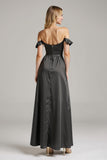 Black Satin Off The Shoulder Long Formal Dress with Ruffles