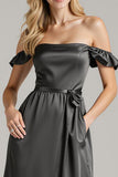 Black Satin Off The Shoulder Long Formal Dress with Ruffles