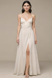 Ivory Chiffon A Line Spaghetti Straps Corset Long Prom Dress with Slit