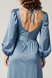 Lake Blue Satin Sheath Ruffle Long Sleeves Formal Dress with Slit