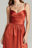 Burunt Orange Spaghetti Straps Ruched Long Formal Dress with Slit