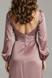 Vintage Mauve V-Neck Satin Long Sleeves Formal Dress with Slit