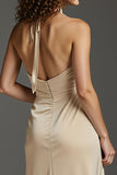 Champagne Satin Halter Sheath Long Formal Dress with Pockets