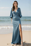 Sky Blue V-Neck Satin Sheath Long Formal Dress with Slit