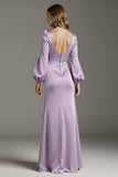Light Purple Satin Sheath Long Formal Dress with Sleeves