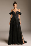 Sparkly Black Cold Shoulder A-Line Tulle Pageant Dress