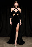 Black A Line Halter Velvet Pageant Dress with Slit