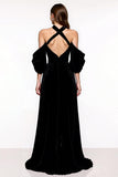 Black A Line Halter Velvet Pageant Dress with Slit