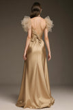 Sparkly Gold A-Line Satin Ruffled Long Pageant Dress