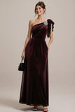 Burgundy One Shoulder A Line Long Black Tie Dress with Ruffles