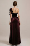 Burgundy One Shoulder A Line Long Black Tie Dress with Ruffles