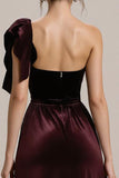 Burgundy One Shoulder A Line Long Black Tie Dress with Ruffles