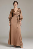 Terracotta Satin V-Neck Floral Long Black Tie Dress with Sleeves
