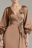 Terracotta Satin V-Neck Floral Long Black Tie Dress with Sleeves