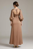 Terracotta Satin V-Neck Floral Long Black Tie Dress with Sleeves