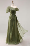 Dusty Sage Chiffon One Shoulder A Line Pleated Long Formal Dress