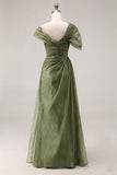 Dusty Sage Chiffon One Shoulder A Line Pleated Long Formal Dress