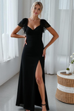 Black A Line Short Sleeve Bridesmaid Dress with Slit