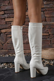 White Wide Calf Pointed Toe Knee High Chunky Heel Boots