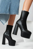 Black Round Toe Platform Chunky Heel Ankle Boots
