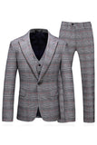 Men's Grey Plaid Peak Lapel 3 Pieces Prom Suits