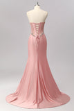 Blush Mermaid Strapless Corset Satin Long Prom Dress with Rhinestones