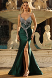 Dark Green Mermaid Corset Long Prom Dress with Rhinestones