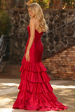 Red Mermaid Ruffled Sweetheart Beaded Corset Long Prom Dress with Slit