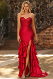 Red Mermaid Ruffled Sweetheart Beaded Corset Long Prom Dress with Slit