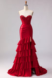 Red Mermaid Sweetheart Beaded Corset Ruffled Long Prom Dress with Slit