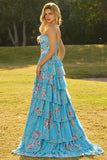 Blue Strapless A Line Corset Tiered Ruffle Long Floral Prom Dress with Slit