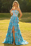 Strapless A-Line Dark Blue Basque Waist Corset Long Floral Prom Dress with Ruffles