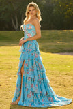 Blue Strapless A Line Corset Tiered Ruffle Long Floral Prom Dress with Slit
