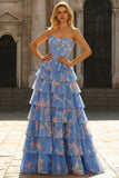Strapless A-Line Dark Blue Basque Waist Corset Long Floral Prom Dress with Ruffles