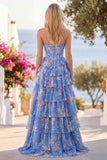 Strapless A-Line Dark Blue Basque Waist Corset Long Floral Prom Dress with Ruffles
